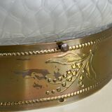 2 1930s ceiling lights in brass and frosted glass