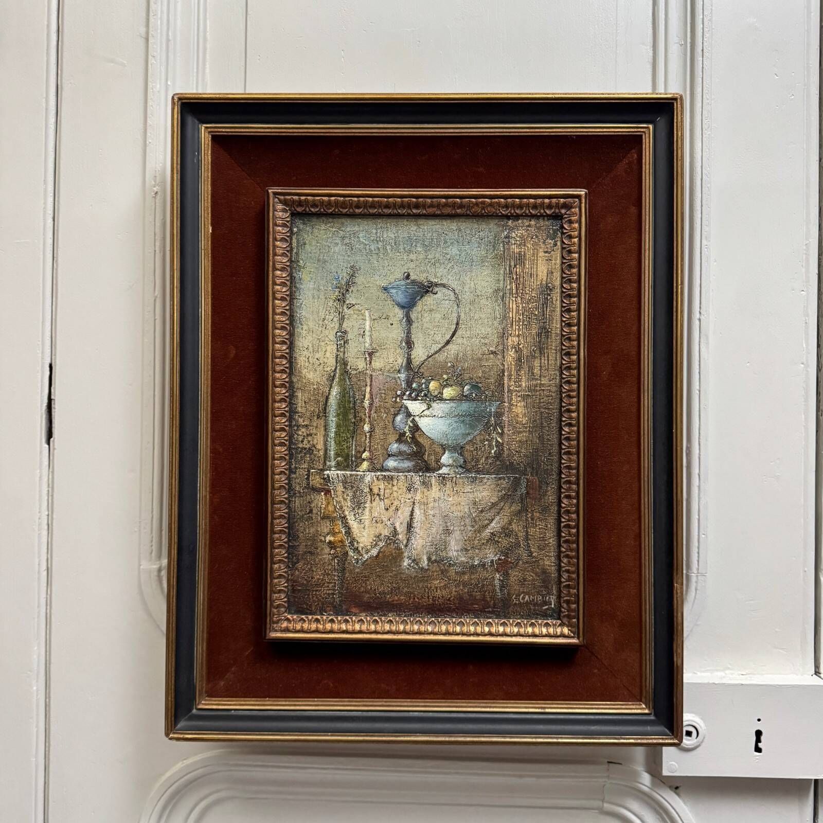 Oil on canvas still life with fruits, 20th century by Cambicq.