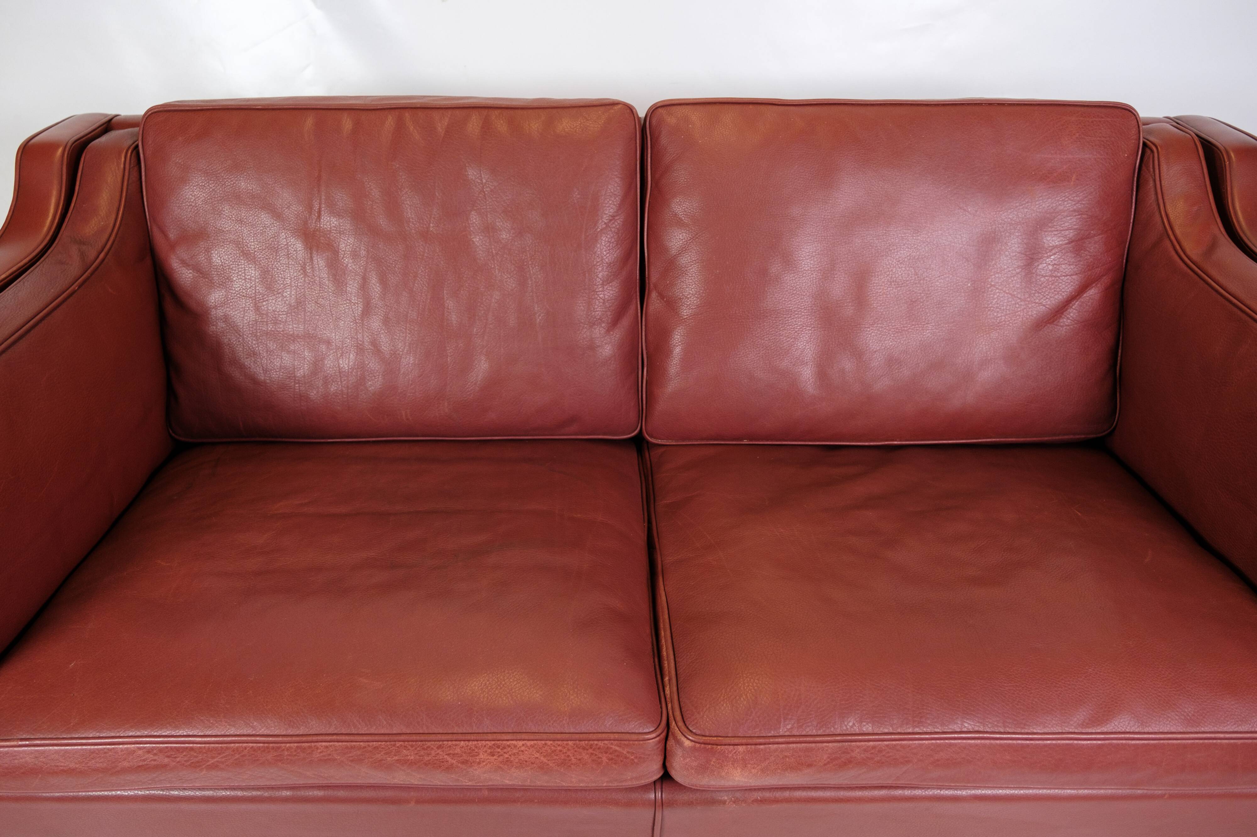 2 . Person Sofa Model 2212 Made In Red Leather & Oak Frame By Børge Mogensen From 1960s
