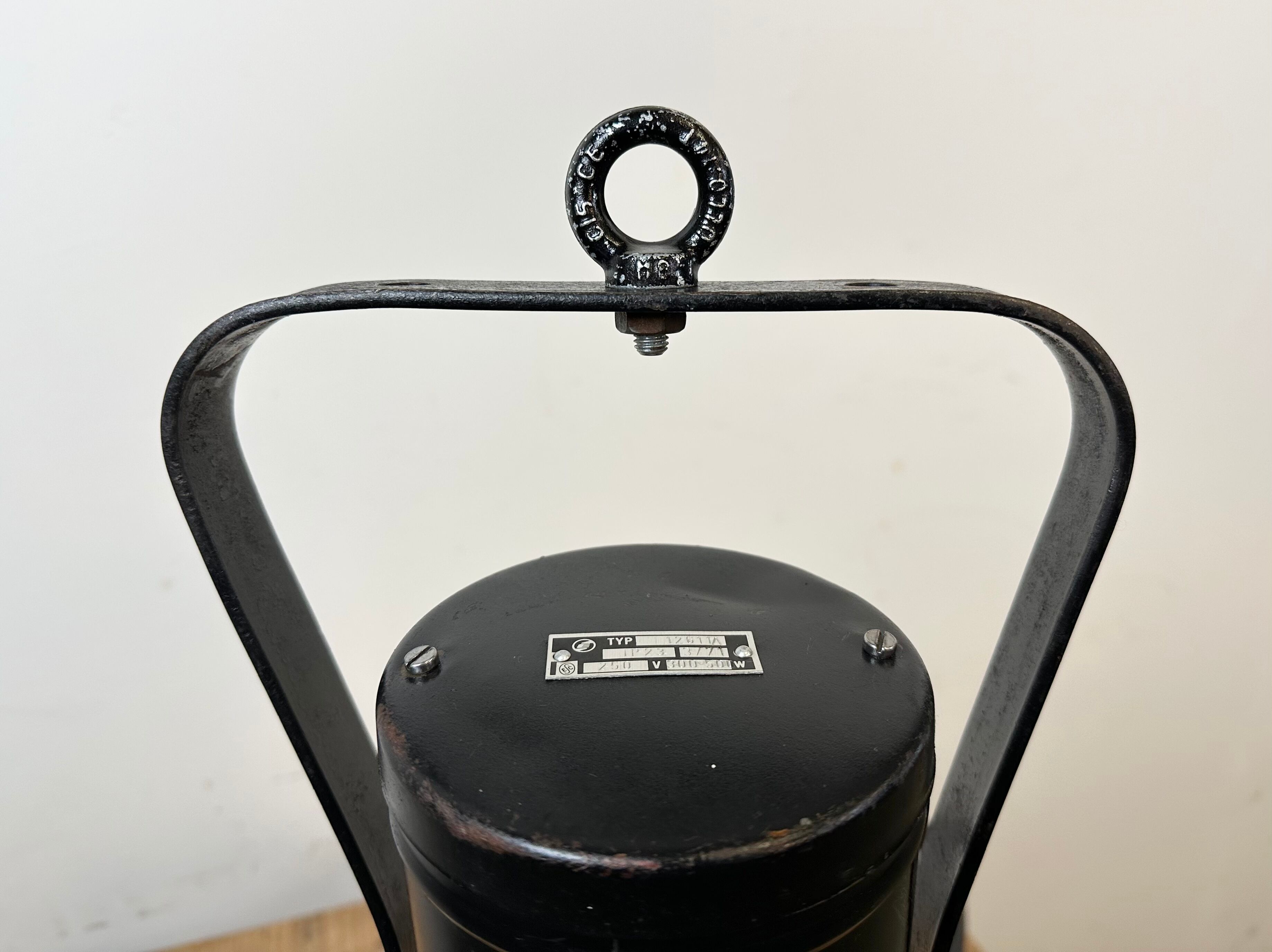 Industrial Black Enamel Factory Spotlight with Convex Glass Cover, 1960s