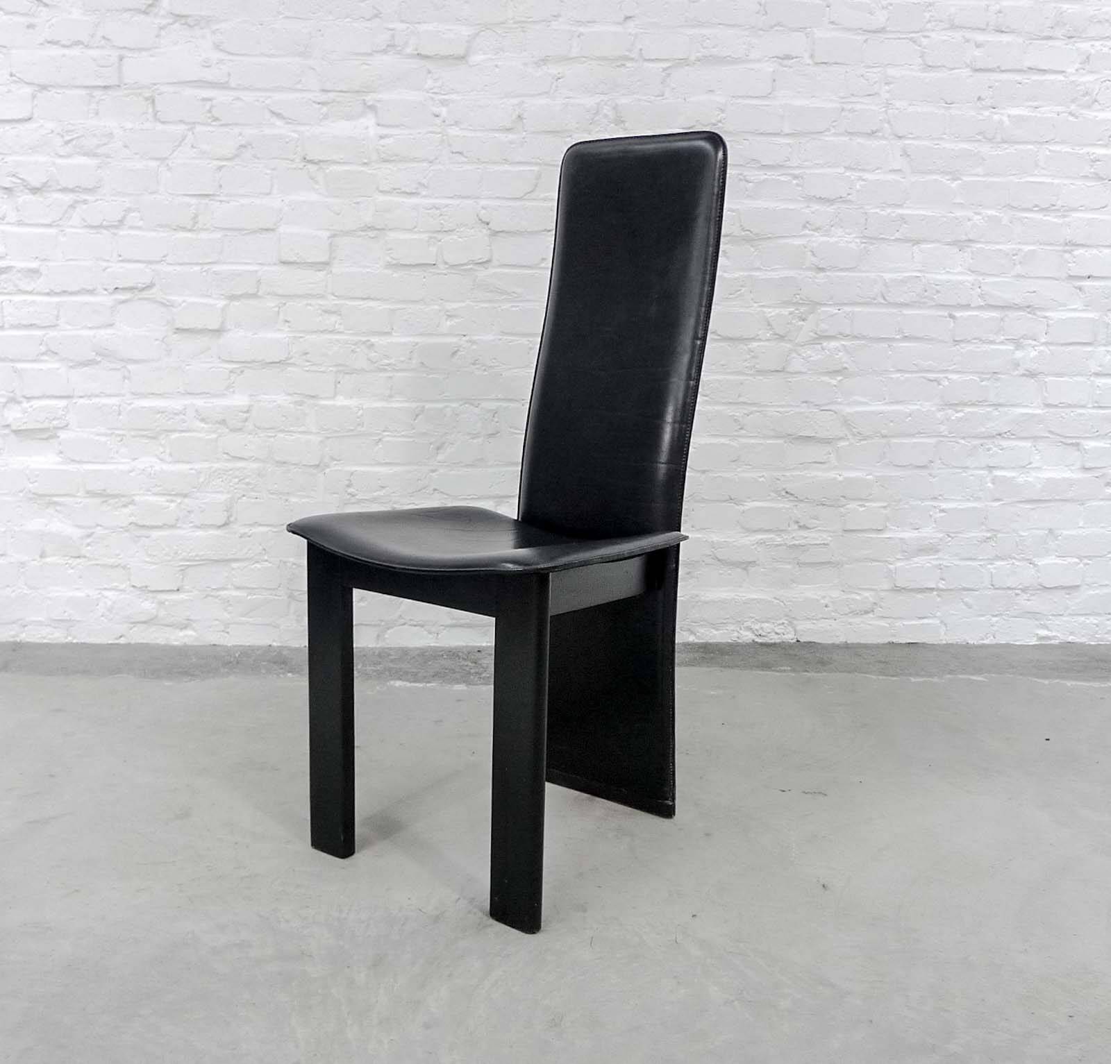 Cidue Style Black Sadle Leather High Back Italian Design Dining Chairs 70s