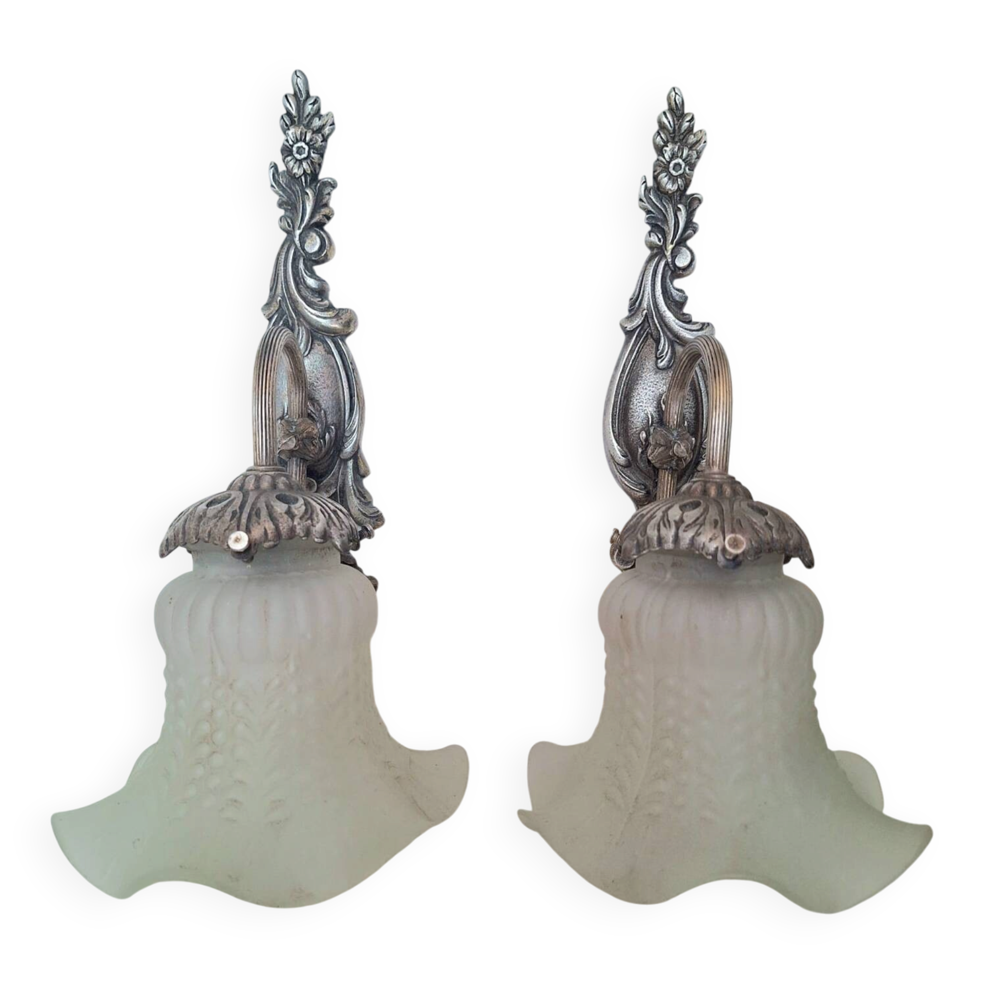 Pairs of Art Deco wall lights, antique fixtures.