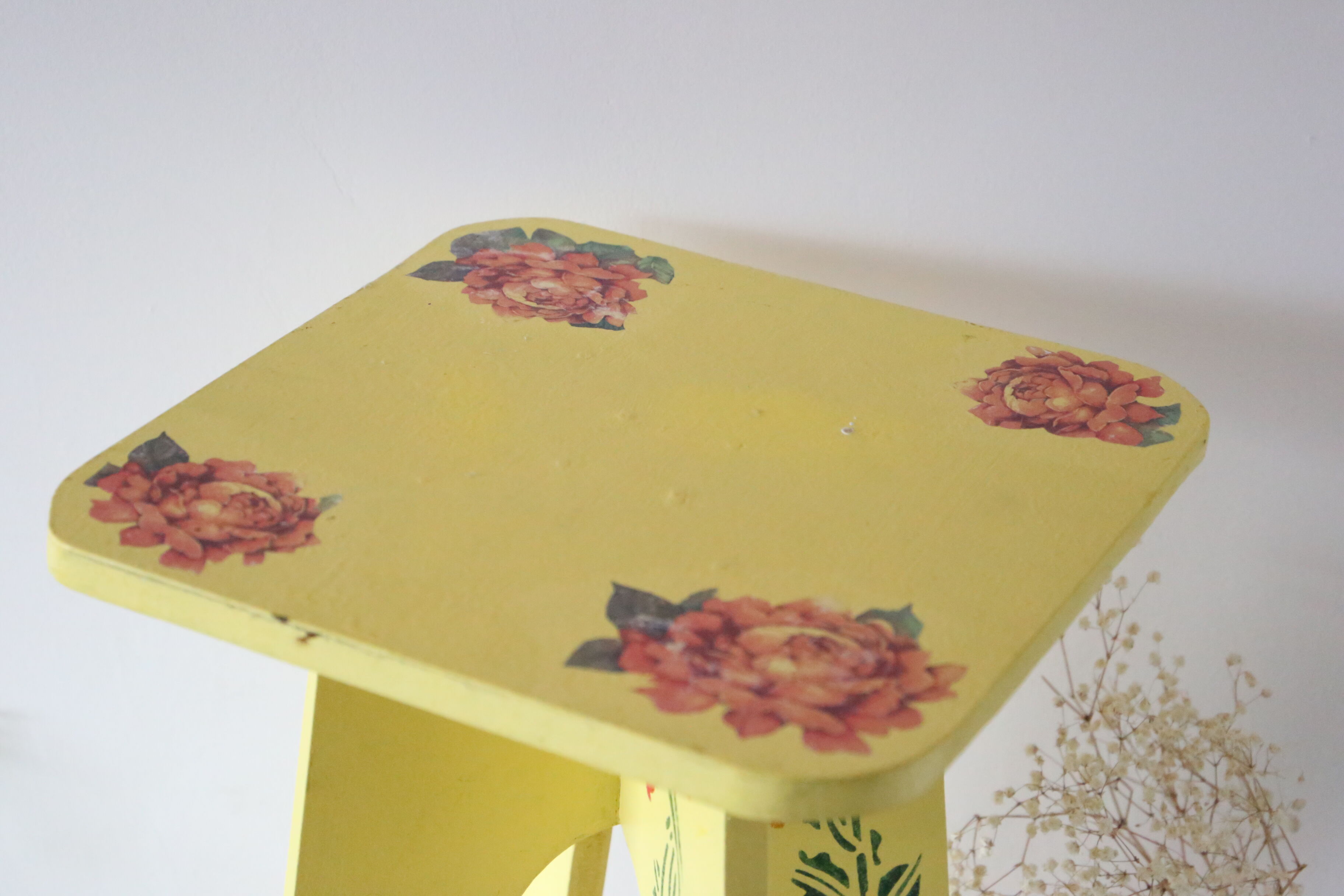Wooden tabouret, hand-painted, vintage French Copy