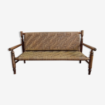 Banquette en bois et corde vers 1950