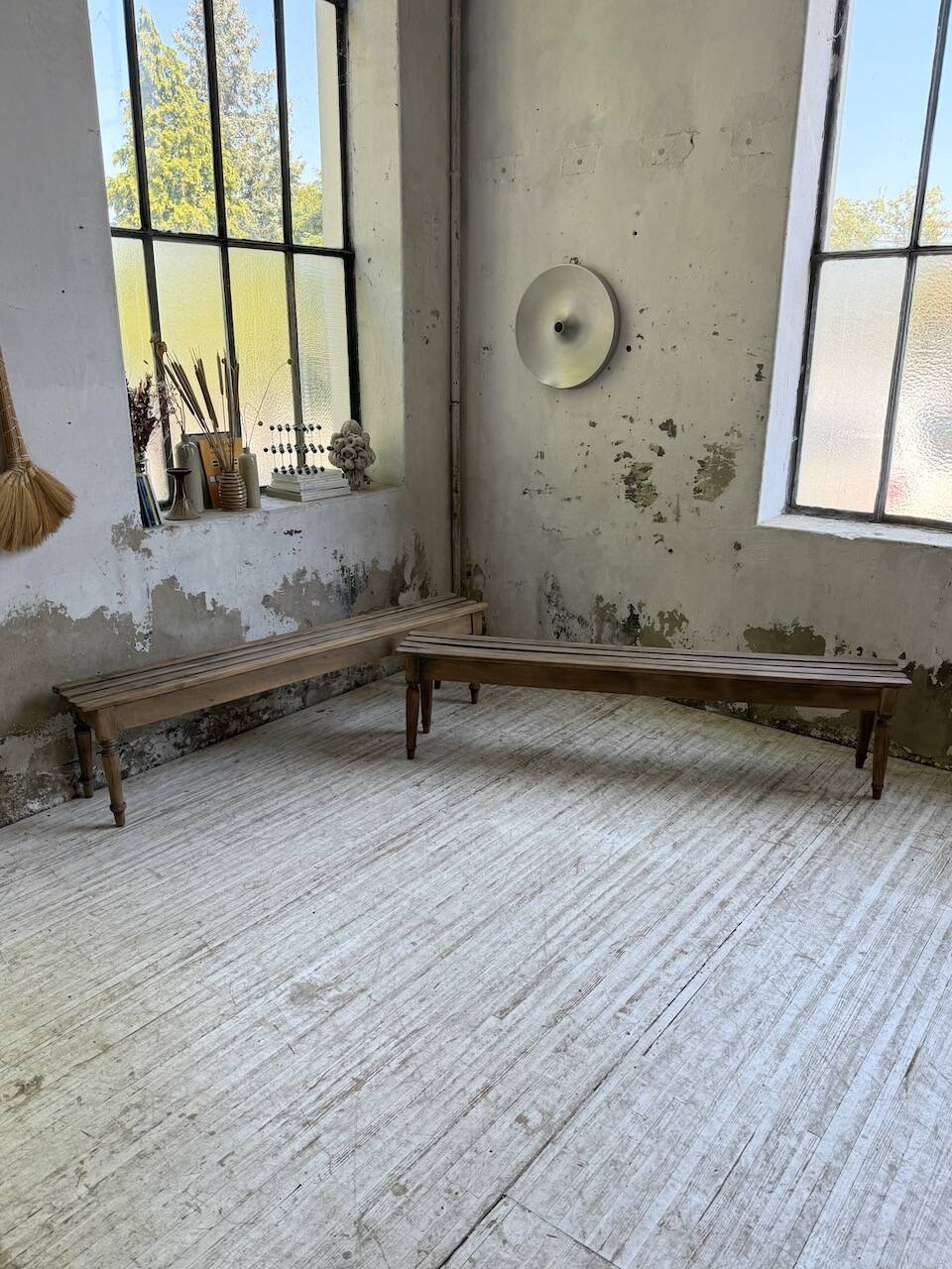 Pair of 1950 benches with oak and beech slats