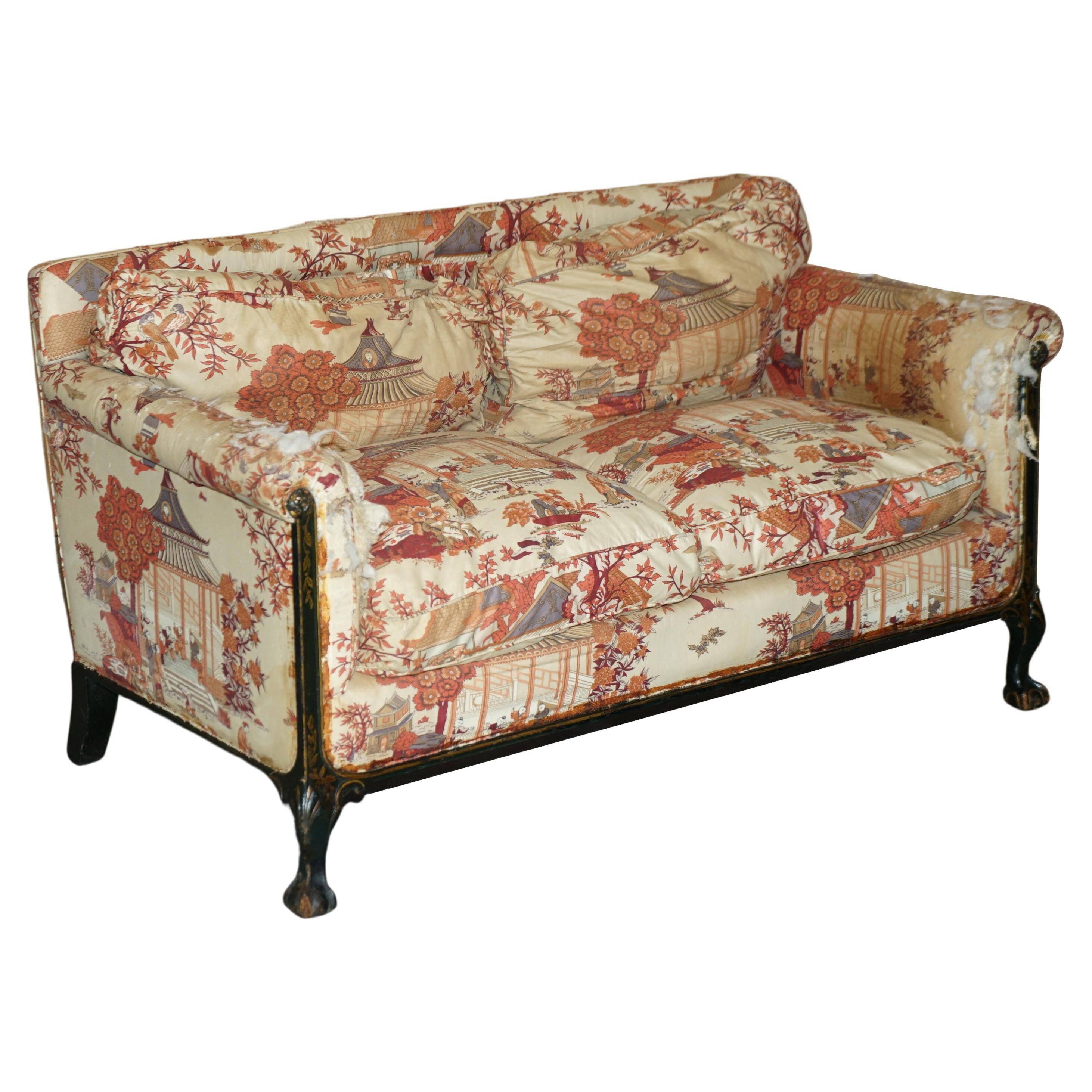 Antique Howard & Sons canapé, Aesthetic Movement, claw and ball feet, chinoiserie fabric.
