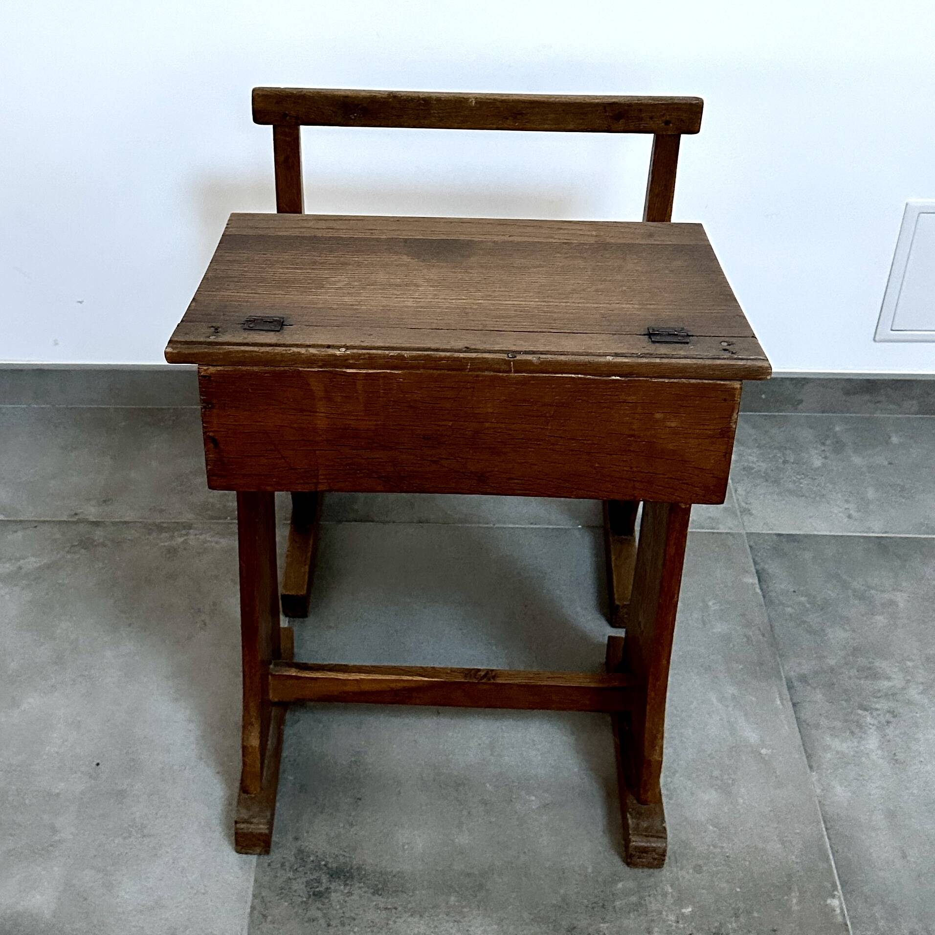 Solid oak school desk - mid-20th century - freestanding bench