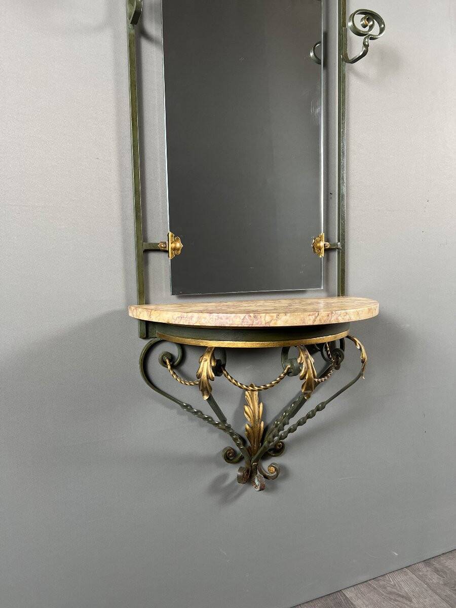 Wall console with mirror, wrought iron and marble, 20th century