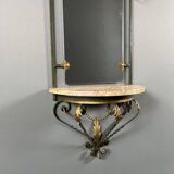 Wall console with mirror, wrought iron and marble, 20th century