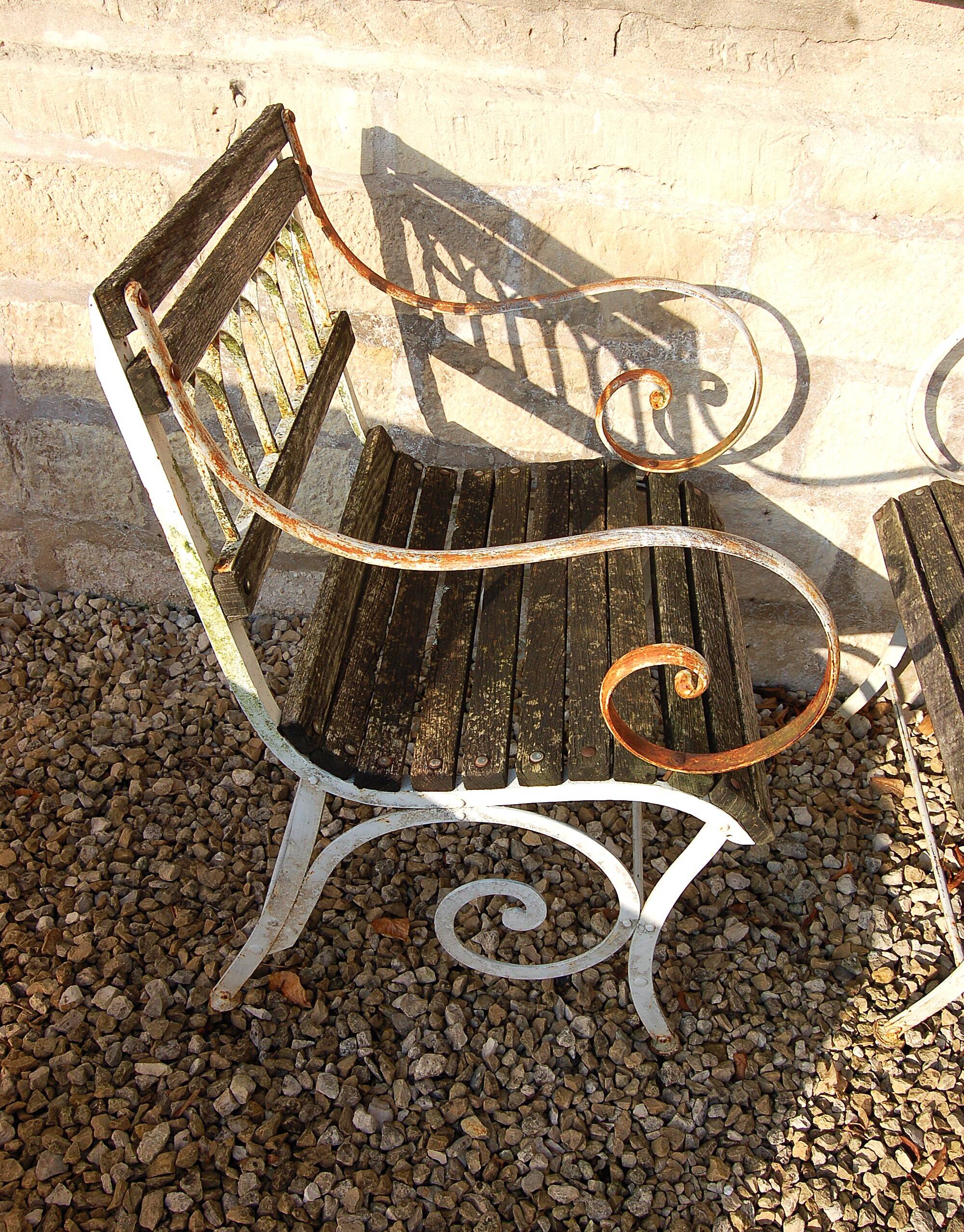 4 20TH CENTURY PAINTED WOOD AND METAL GARDEN CHAIRS