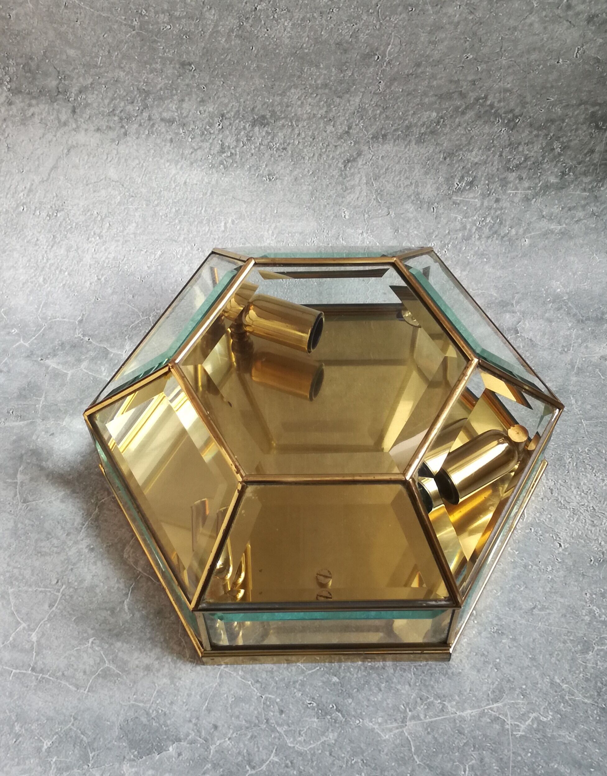 Hexagonal brass and bevelled glass ceiling light
