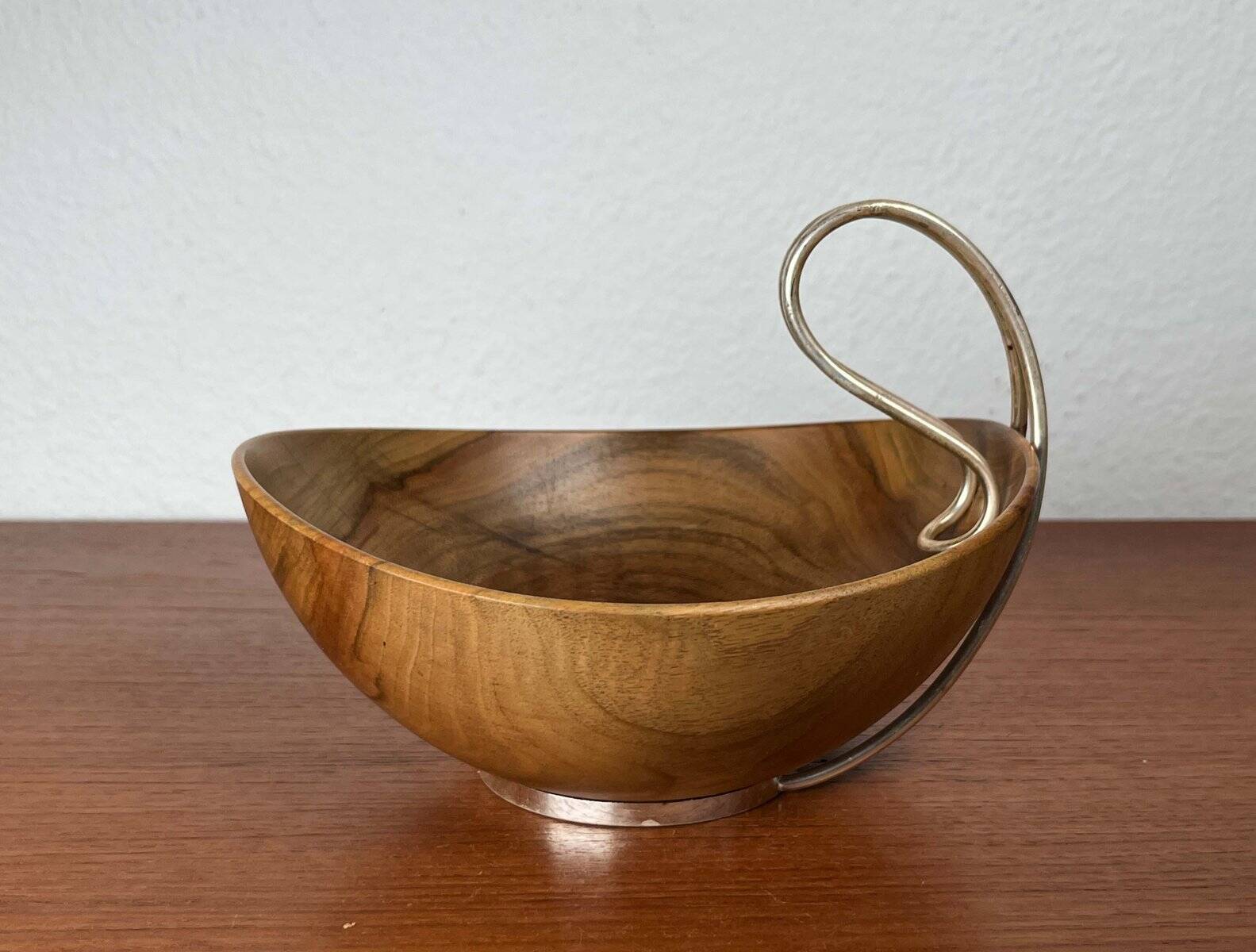 Mid-Century Modern Teak and Silver Plated Metal Bowl from Grasoli, Italy, 1960s