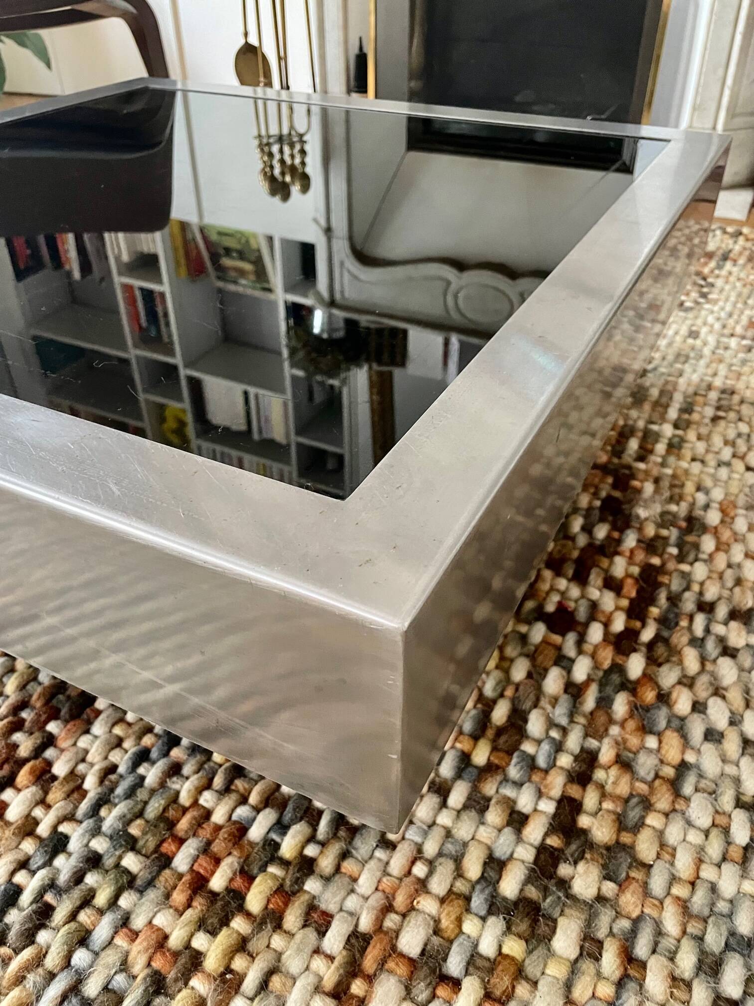 Coffee table – Black glass and brushed metal – 1970s