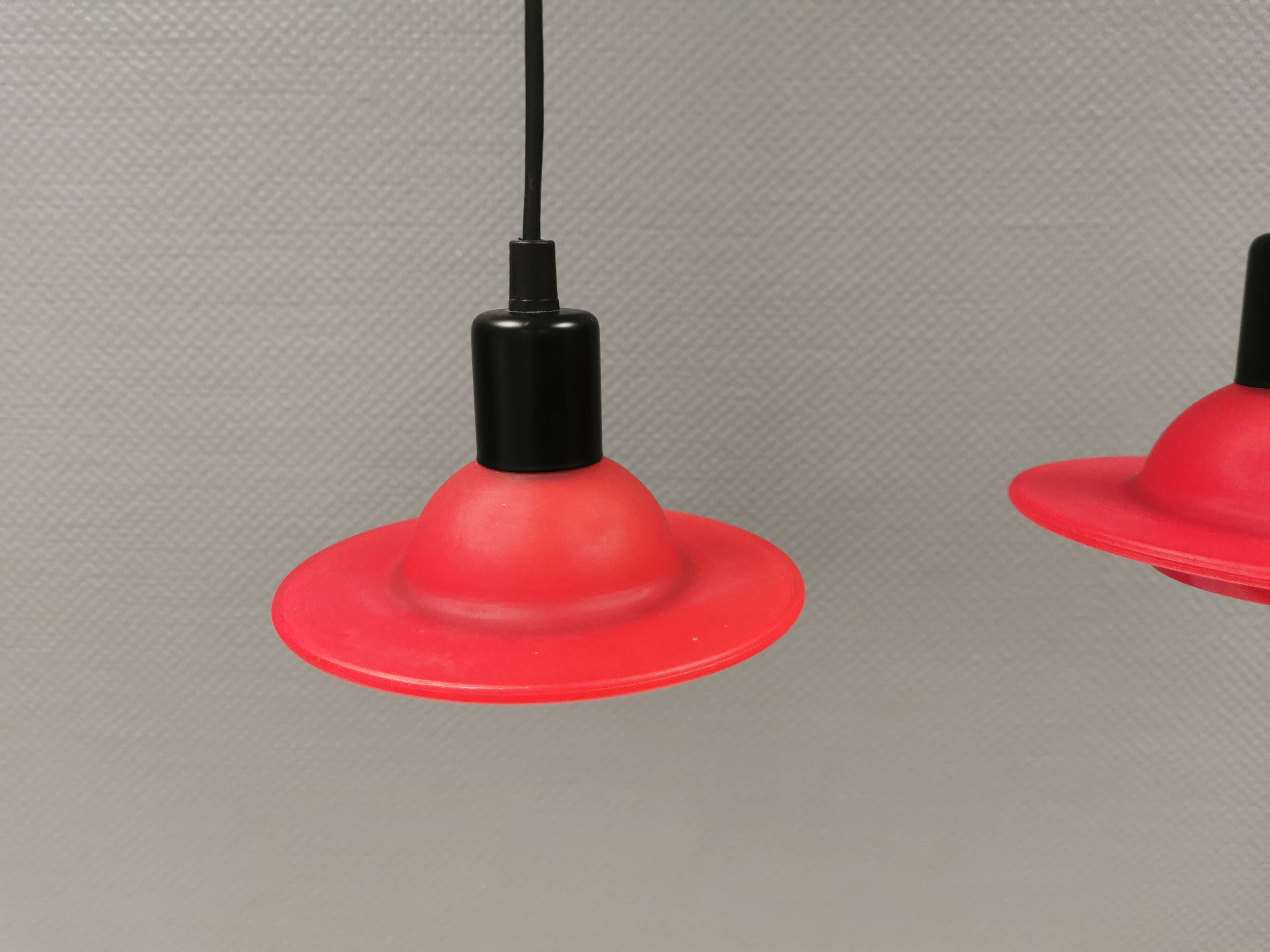 Red UFO glass lamps from the early 90s, Danish and made by Design Light