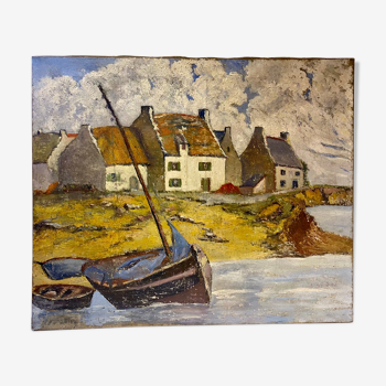 Tableau ancien , paysage breton xx siècle