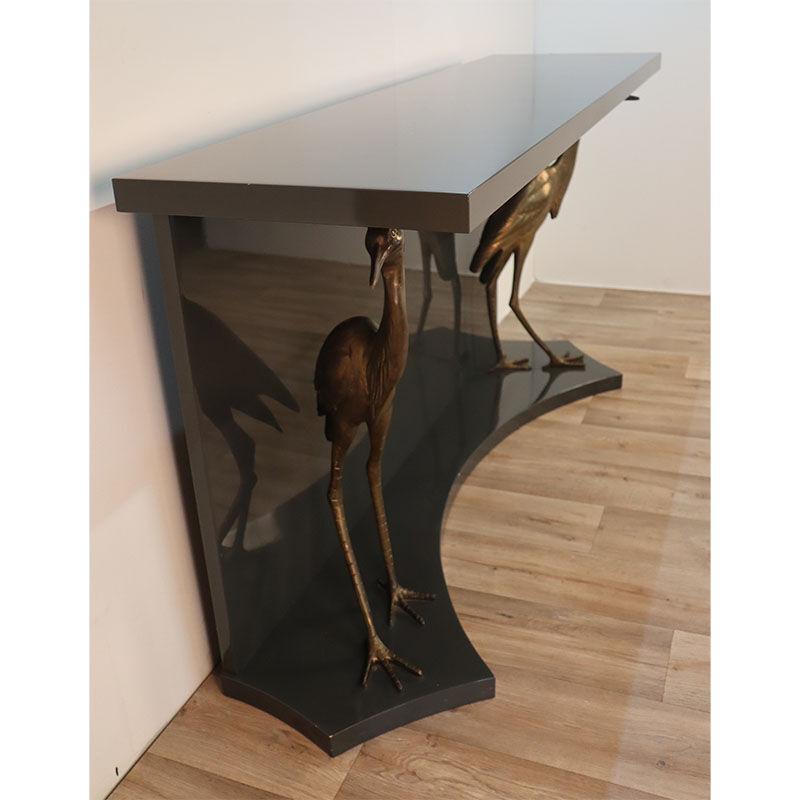 Vintage lacquered wooden console decorated with brass herons 1970