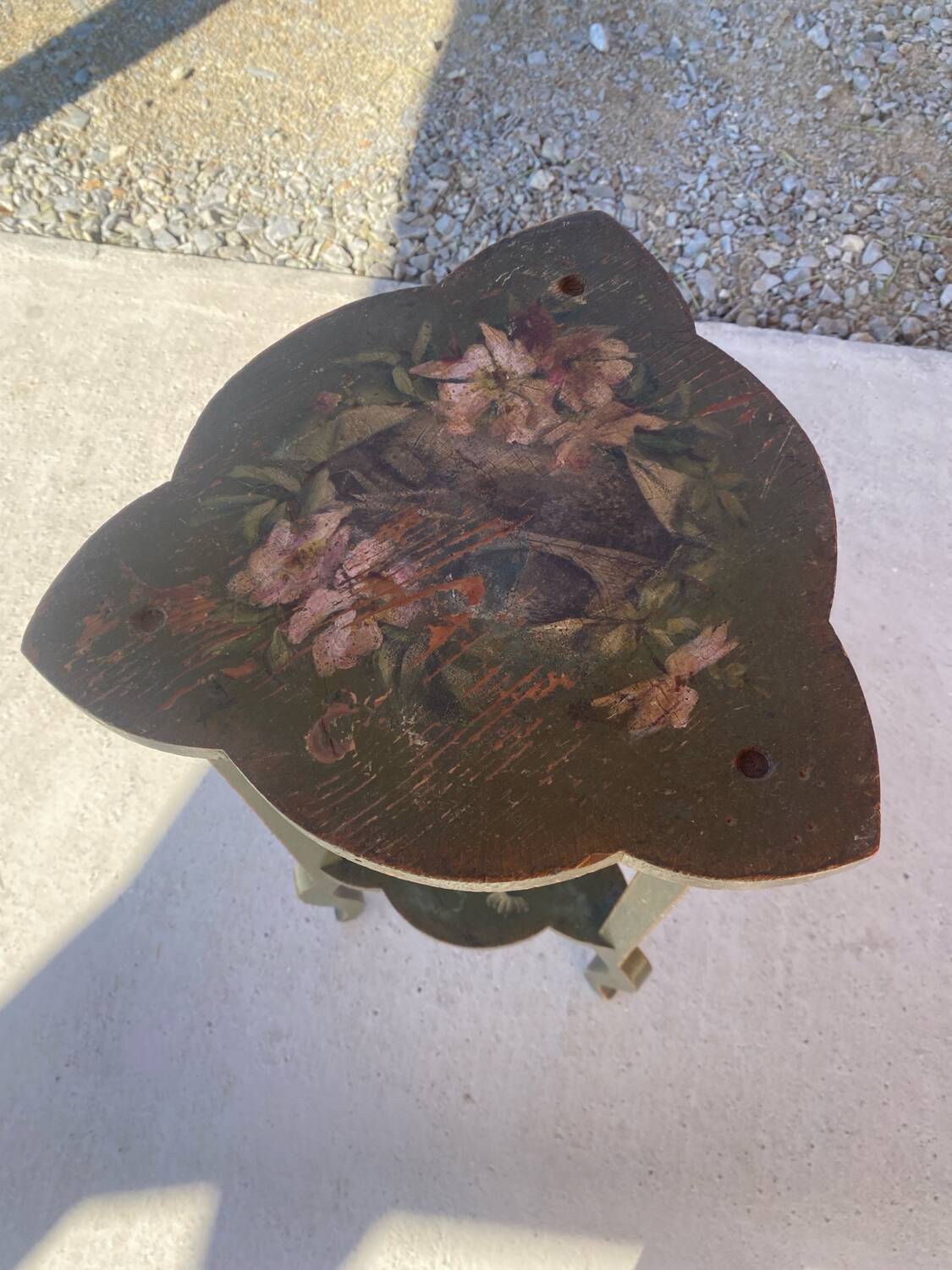 Wooden pedestal table or side table painted with floral motifs