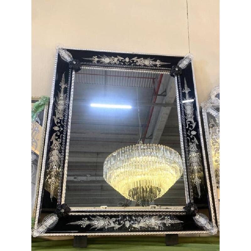 21st Century Venetian Black Floreal Hand-Carving Wall Mirror in Murano Glass