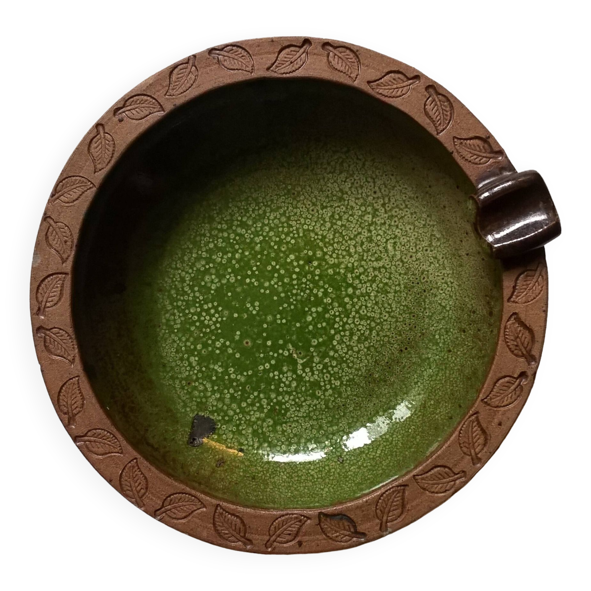 Vintage green enameled ceramic ashtray signed.