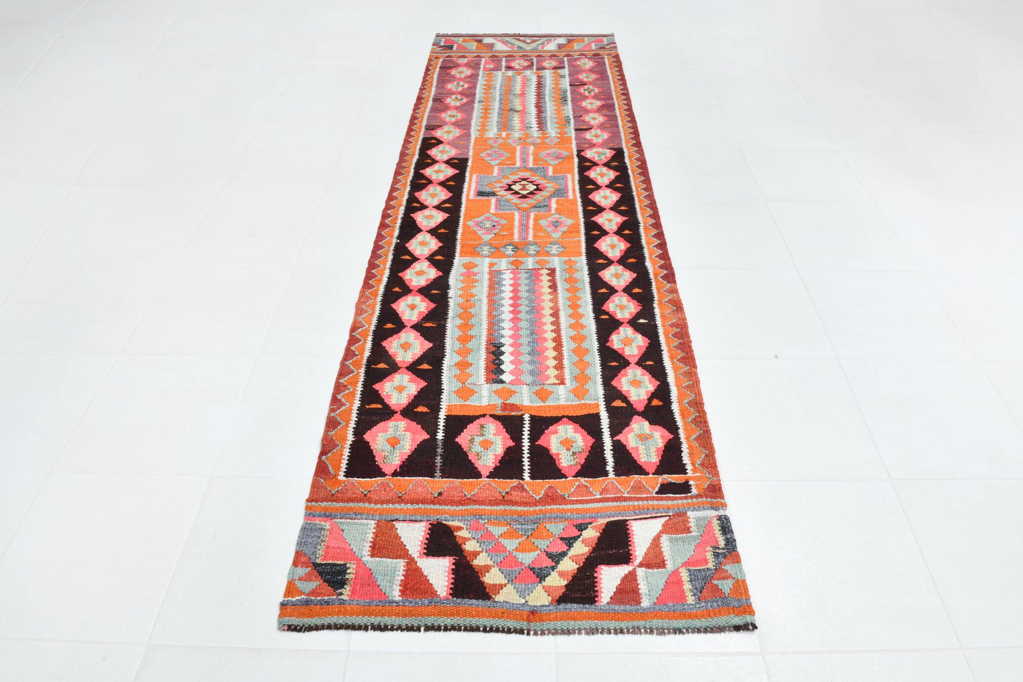 3x11 Burgundy & Orange Vintage Runner Rug, 95x325Cm