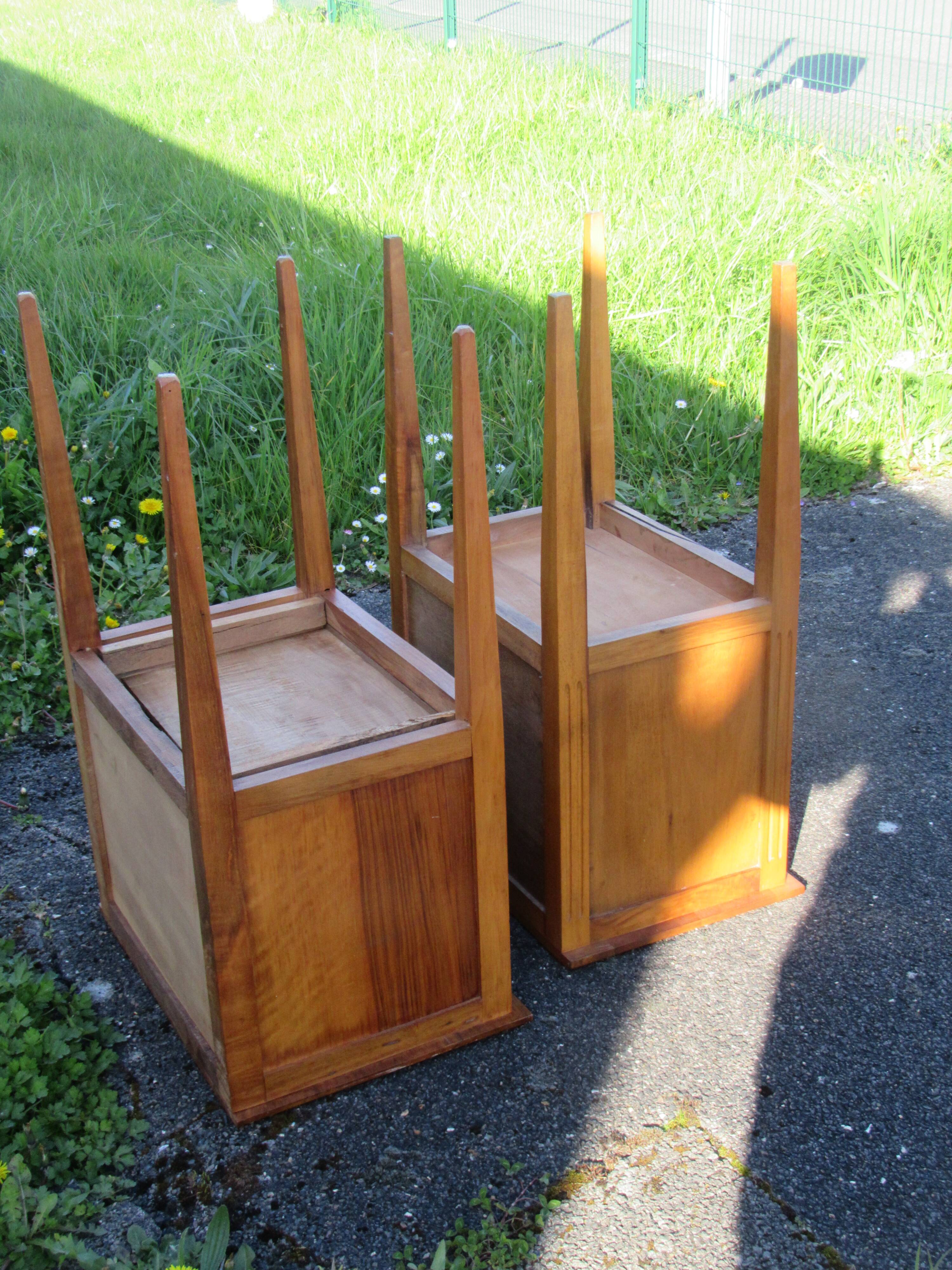 Pair of walnut bedside tables in Louis XVI style with brass inlay.