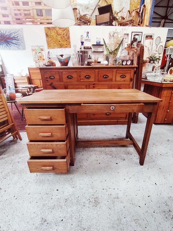 Bureau d'esprit maître d'école en bois massif à caisson - 1950