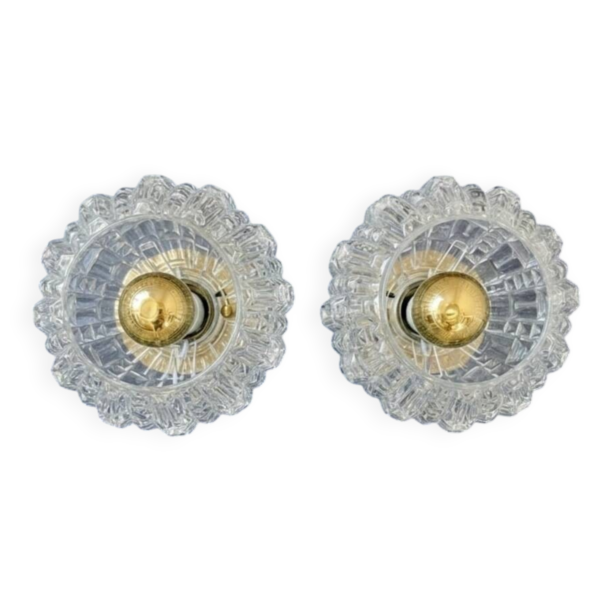 2 vintage brass and pressed glass wall lights Brutalist style 1960-70