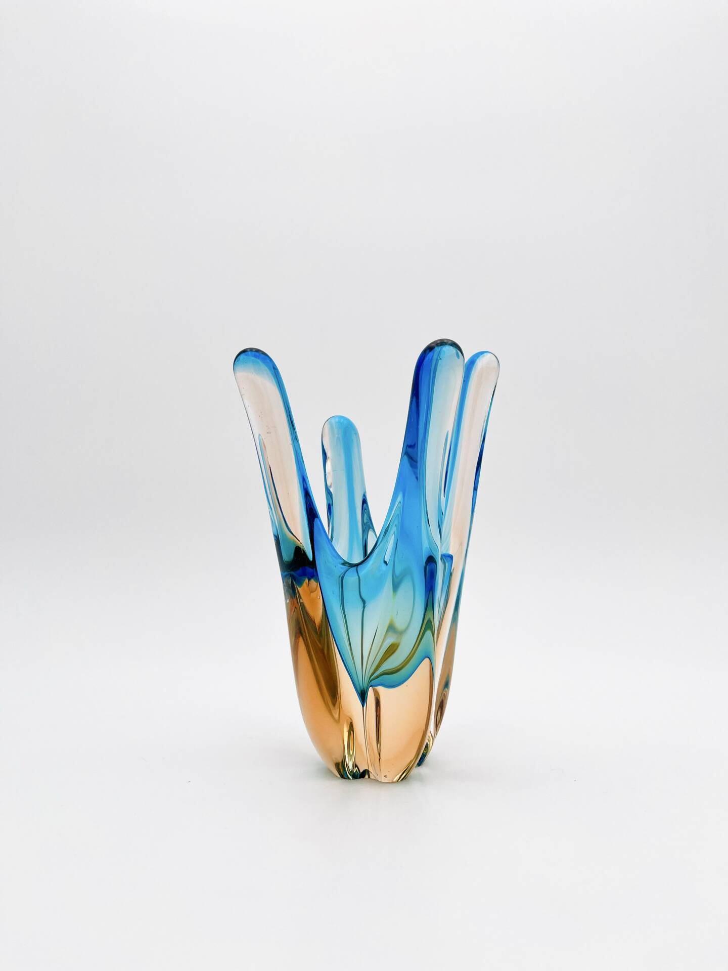 Murano Sommerso Blue Turquoise & Amber Vase Sculpture with 4 Branches 19.5cm