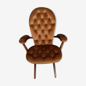 Fauteuil velours capitonné vintage