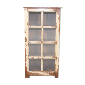 Burmese teak shelf with 8 compartments and original ecru patina