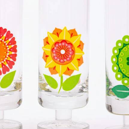 Set of 6 vintage pop art glasses with multicoloured flowers - 1970s