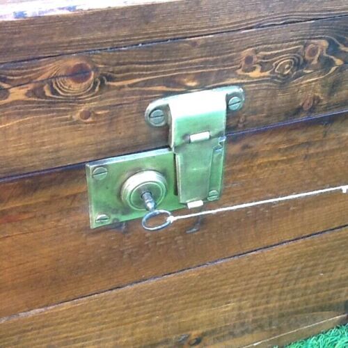 Antique travel chest Wood studded / wrapped in leather Brass lock with key (functional)