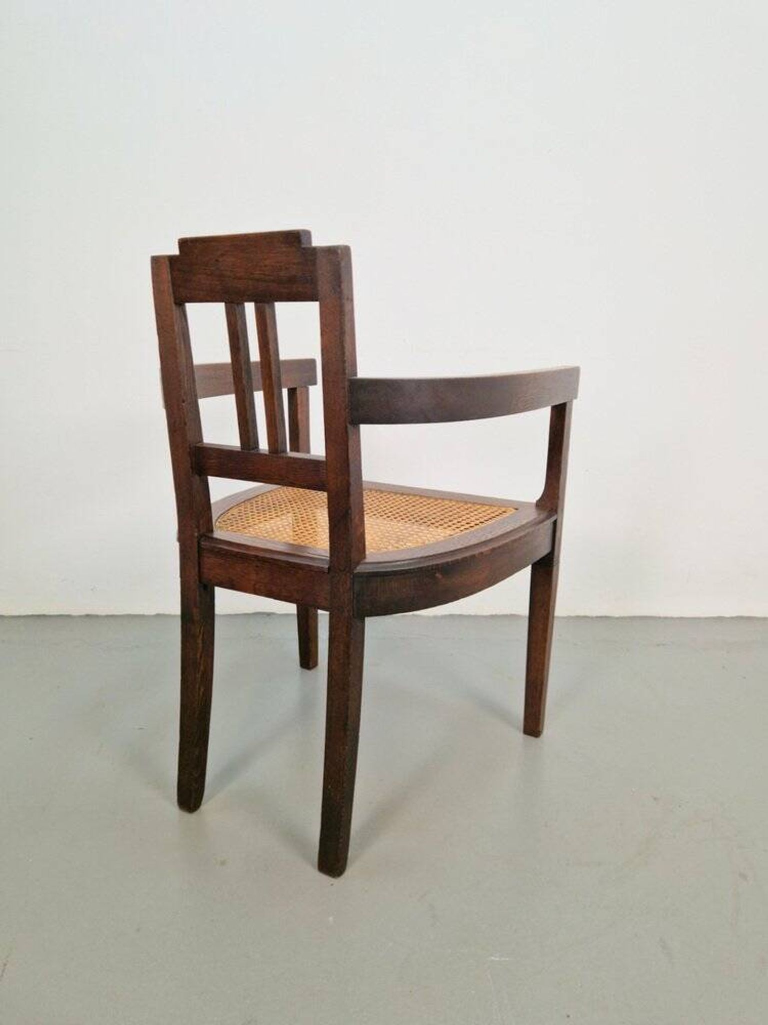 Art Nouveau Deco Armchair in Rattan Webbing, Oak and Copper, 1920s
