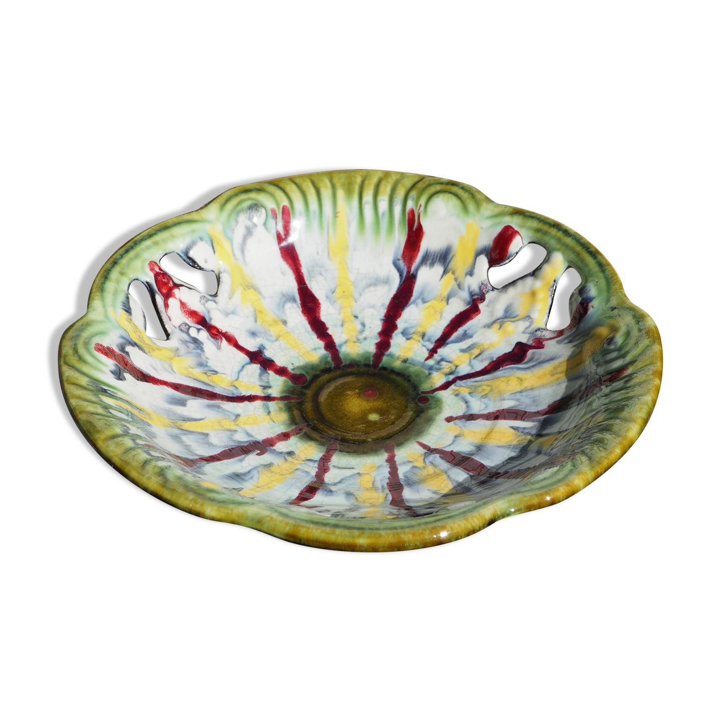 Coupe à fruit ajourée à coulures jaunes et rouges - Fat lava, West Germany - années 70