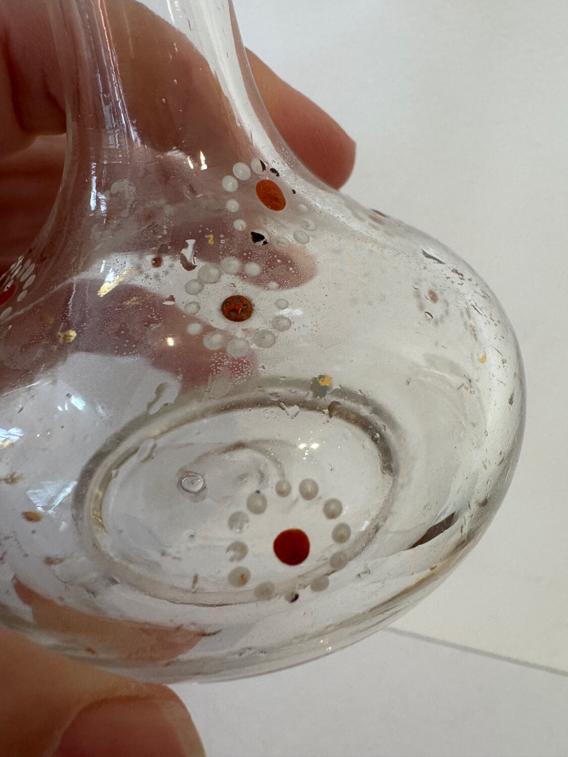 Antique blown glass carafe, enamelled with floral decoration, in the style of Legras.