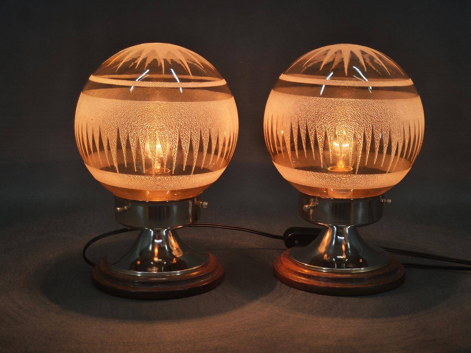 Pair of Italian Etched Glass, Chrome and Wood Table Lamps, 1950s