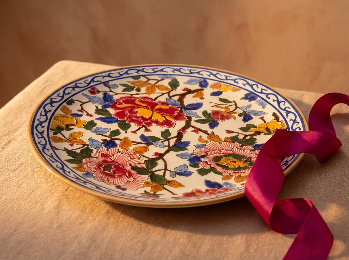 Large decorative plate Gien – French earthenware – multicoloured flowers – Ø 30