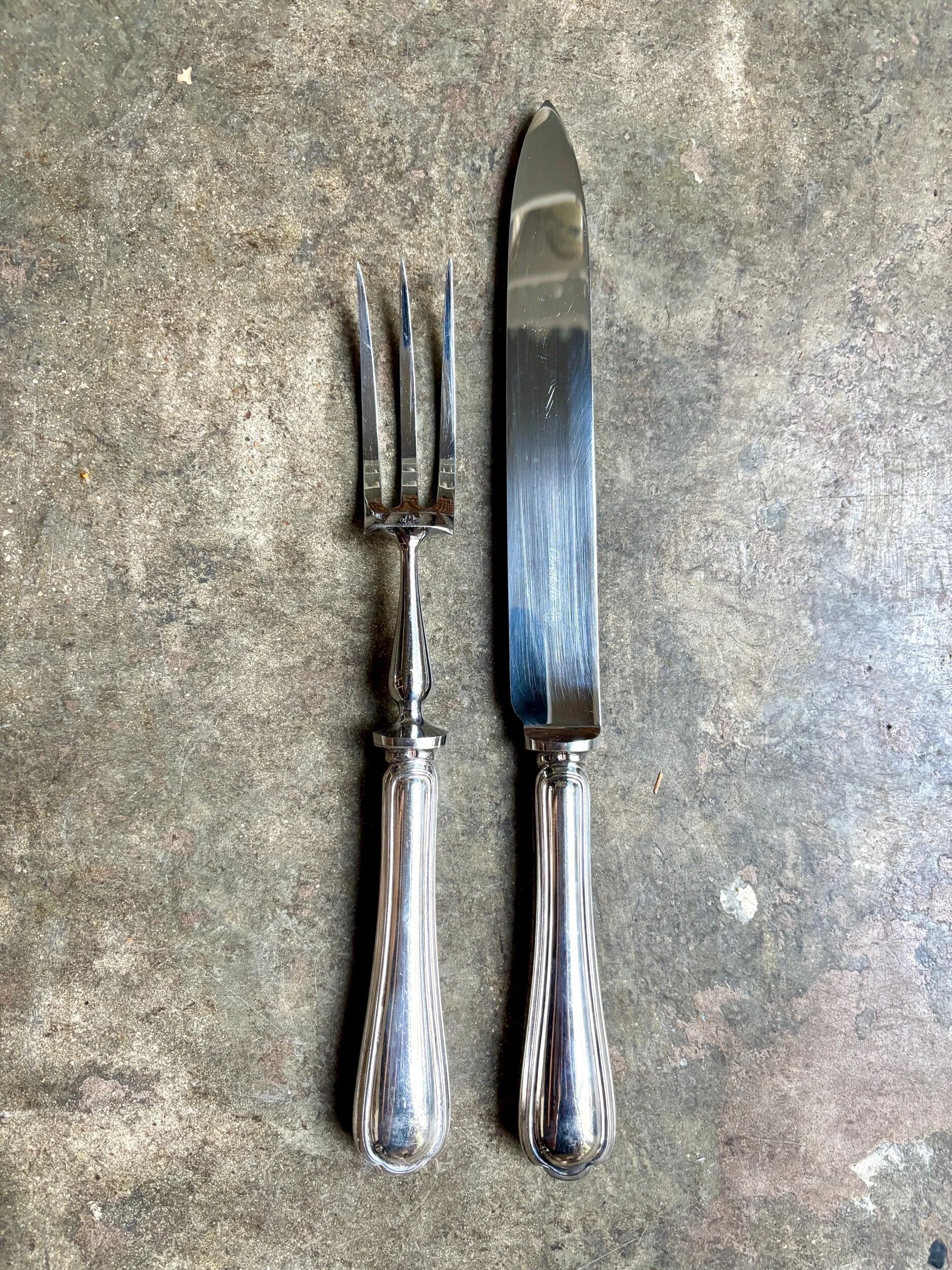 2 service cutlery sets, Christofle silver-plated meat, "Spatours" pattern.