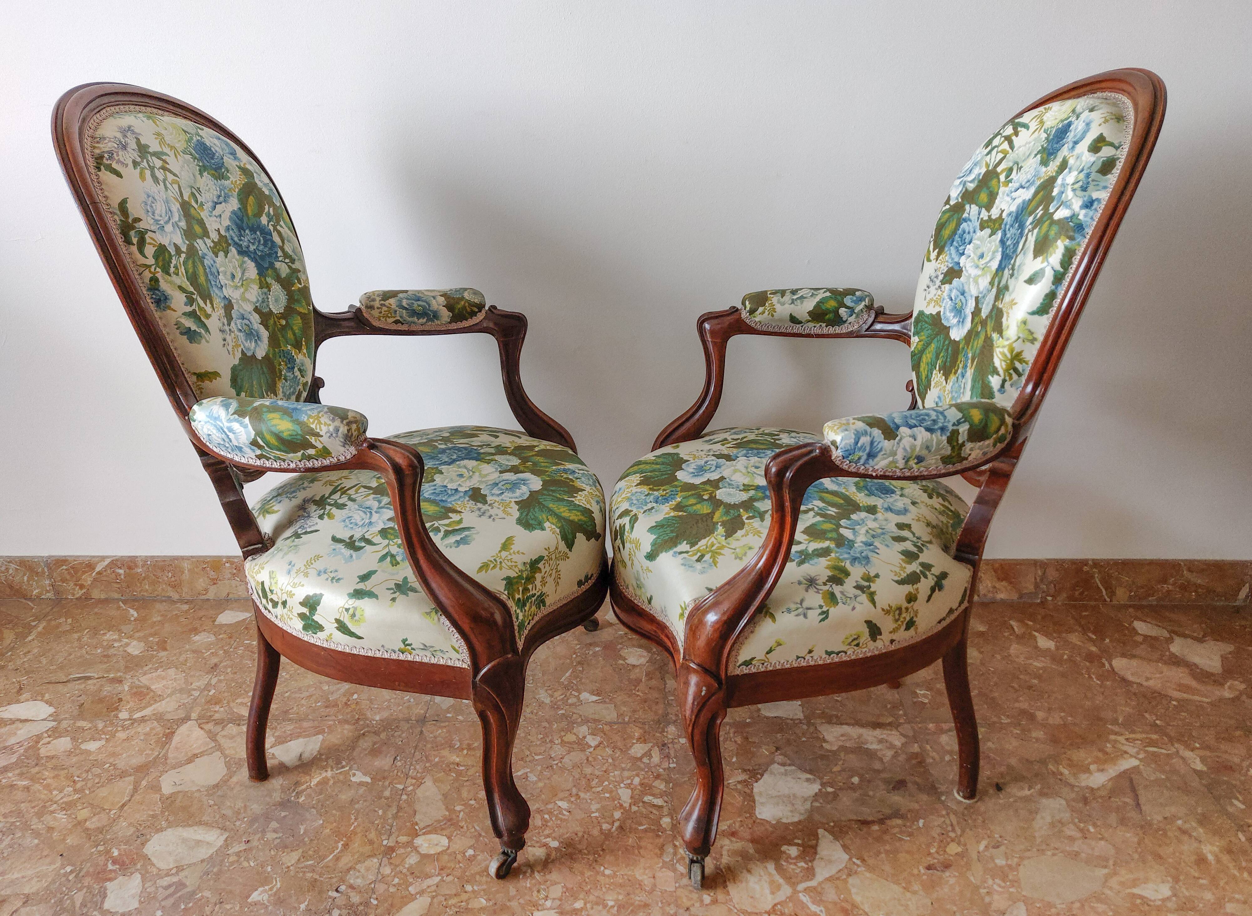 Pair armchairs Louis Philippe solid floral mahogany