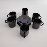 6 espresso coffee cups and their black saucers Octime Arcoroc
