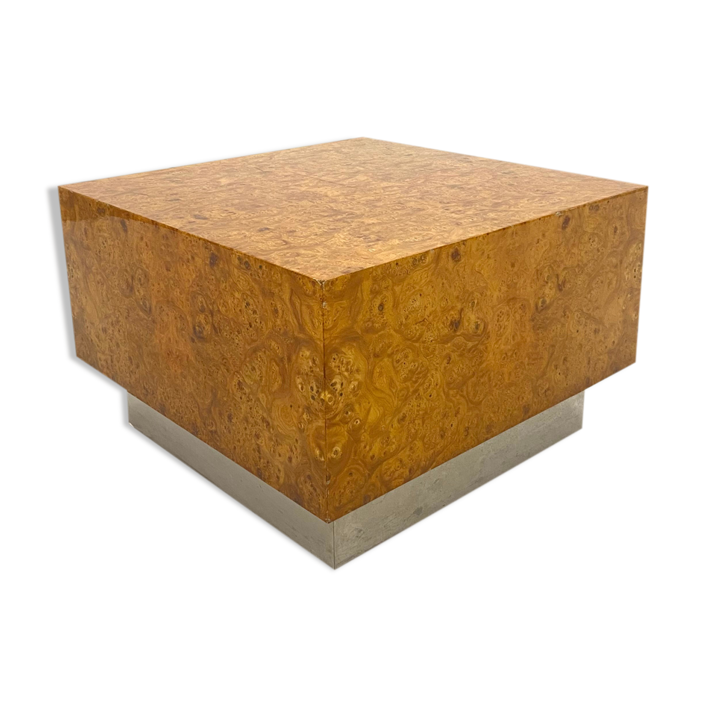 Table basse en loupe d’orme et acier, 1970