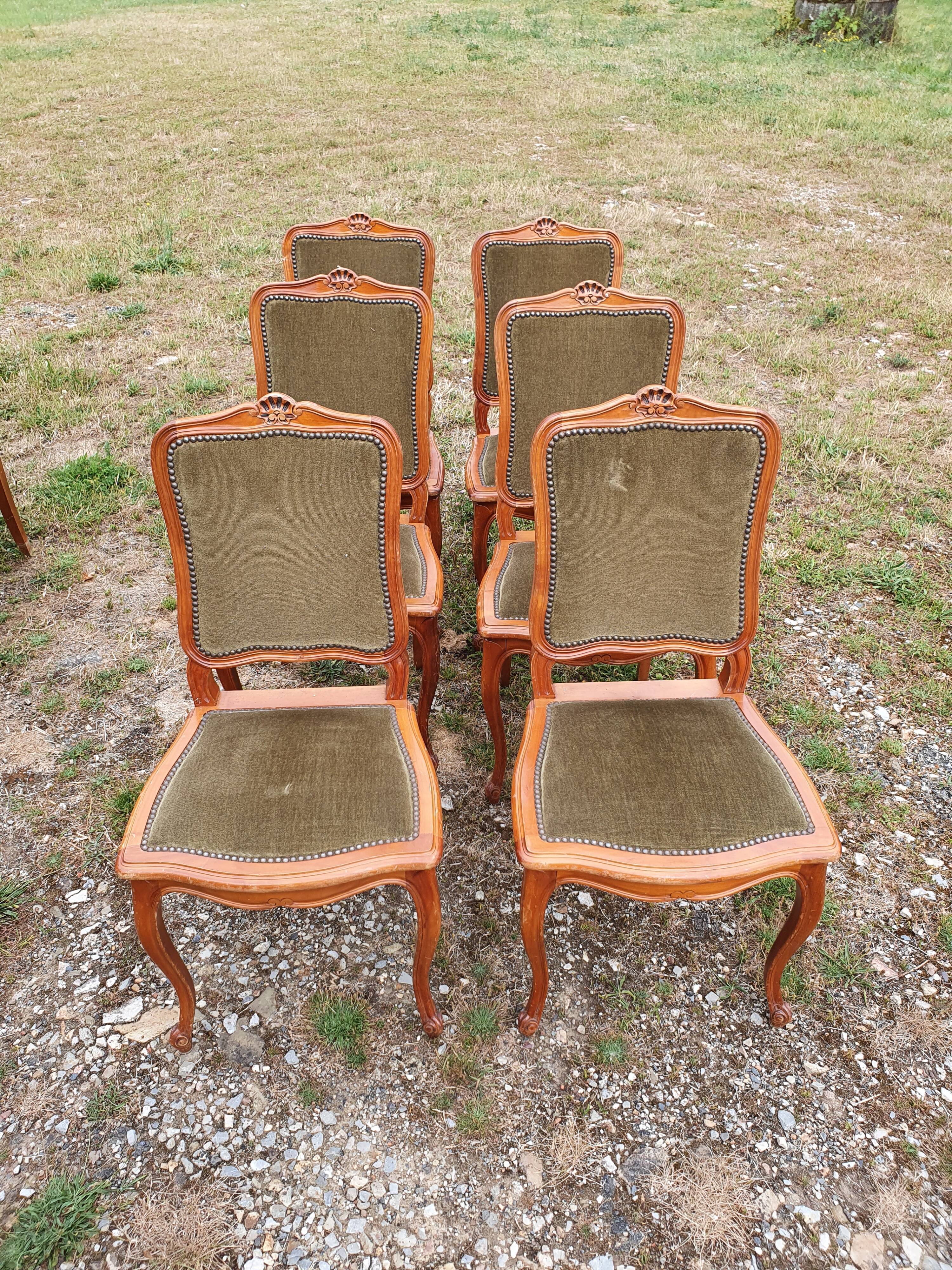 6 chaises de style Louis XV en velours vert olive