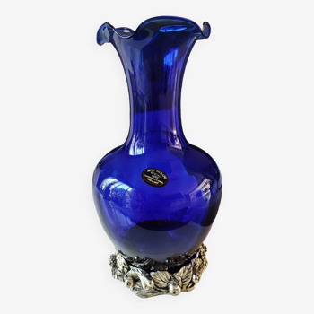 Vase forme Corolle en verre d Art soufflé/Arte Murano Kristall Mery. Bleu cobalt sur base florale aspect métal argenté. Dim 26 x 14 cm