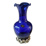 Corolle shaped vase in blown Art glass/Arte Murano Kristall Mery. Cobalt blue on a silver metal-look floral base. Dim 26 x 14 cm