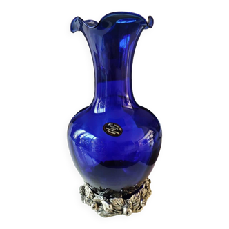 Vase forme Corolle en verre d Art soufflé/Arte Murano Kristall Mery. Bleu cobalt sur base florale aspect métal argenté. Dim 26 x 14 cm