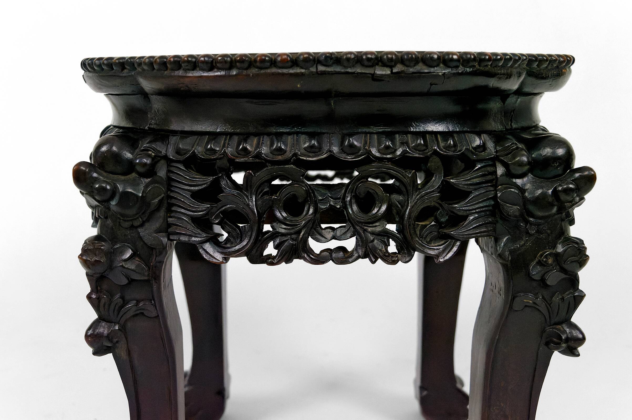 Asian wooden stand carved with Demons, marble top, Indochina, circa 1880