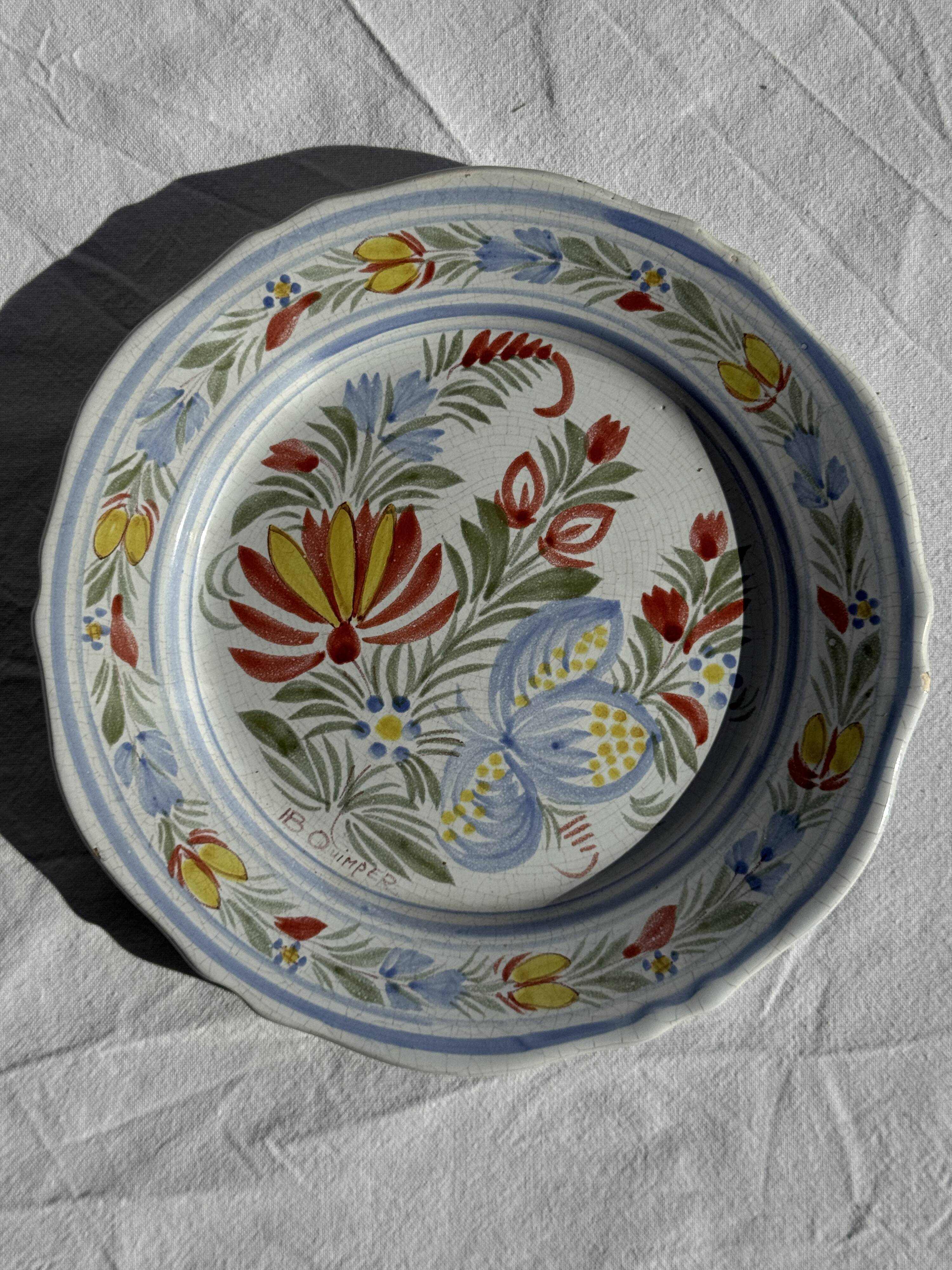 Antique decorative plate IB Quimper with polychrome floral decoration D24