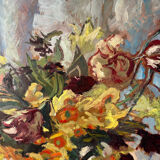 Bouquet of flowers on a red tablecloth, knife on a board, signed Renzo.