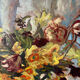Bouquet of flowers on a red tablecloth, knife on a board, signed Renzo.