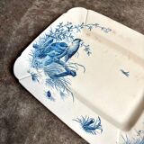 Small rectangular Gien dish in blue ironstone, "Birds" service from around 1870.